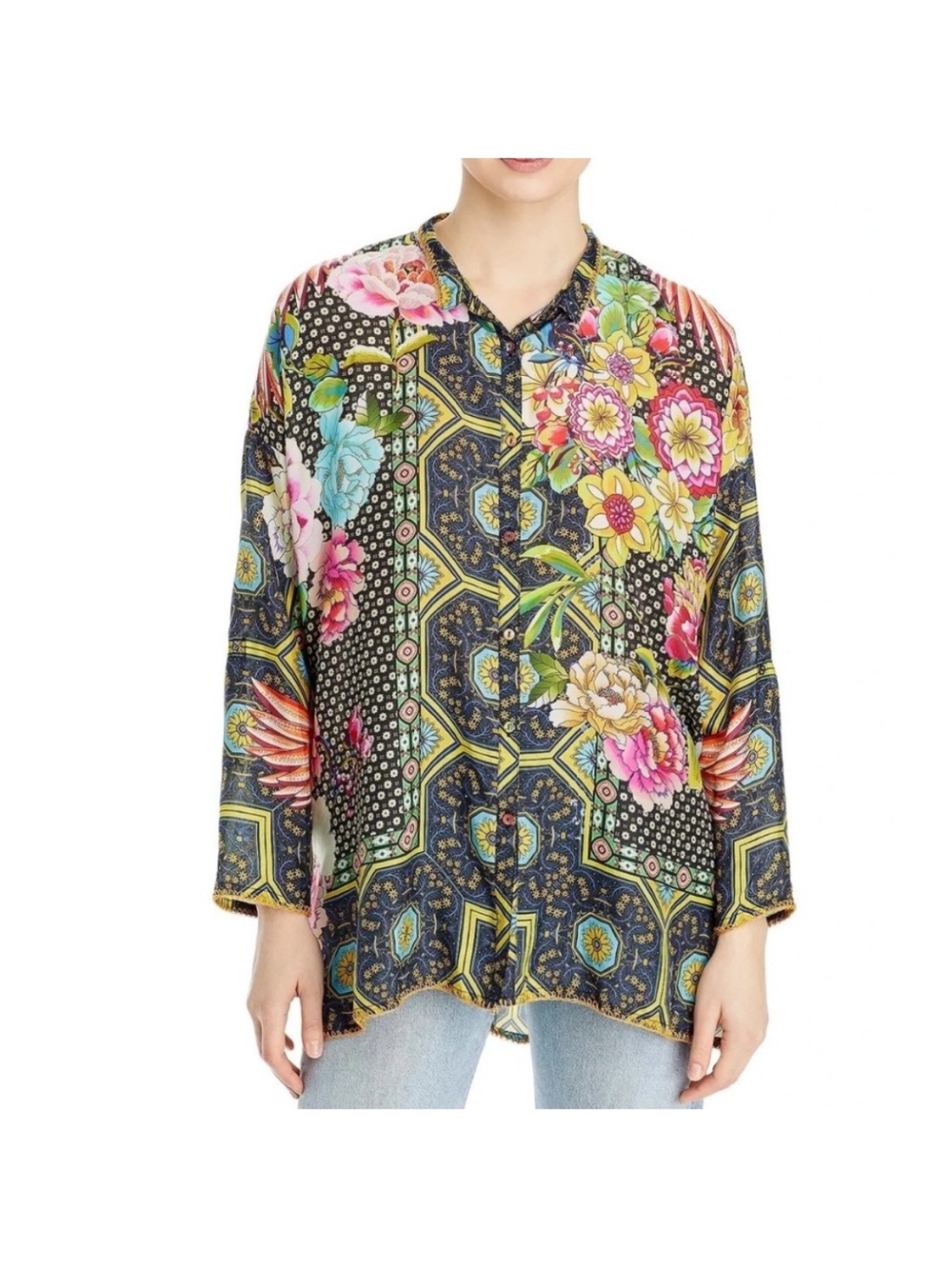 Johnny Was Floral Silk Button Down Top - Picture 8 of 8